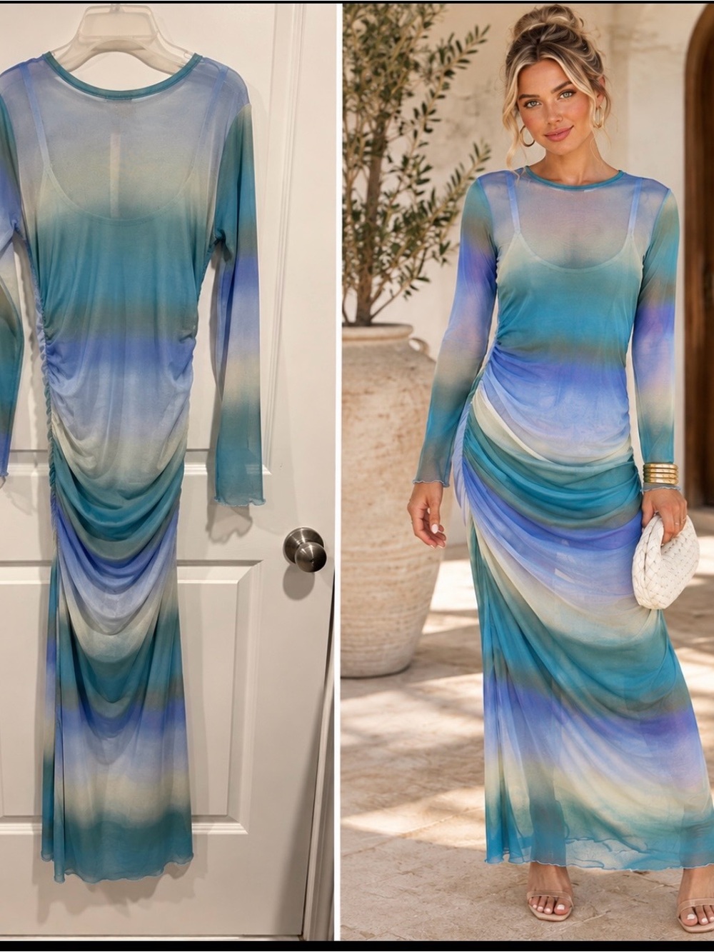 NWT No Comment Women’s Blue Gradient Long Sleeve Mesh Maxi Dress sz L